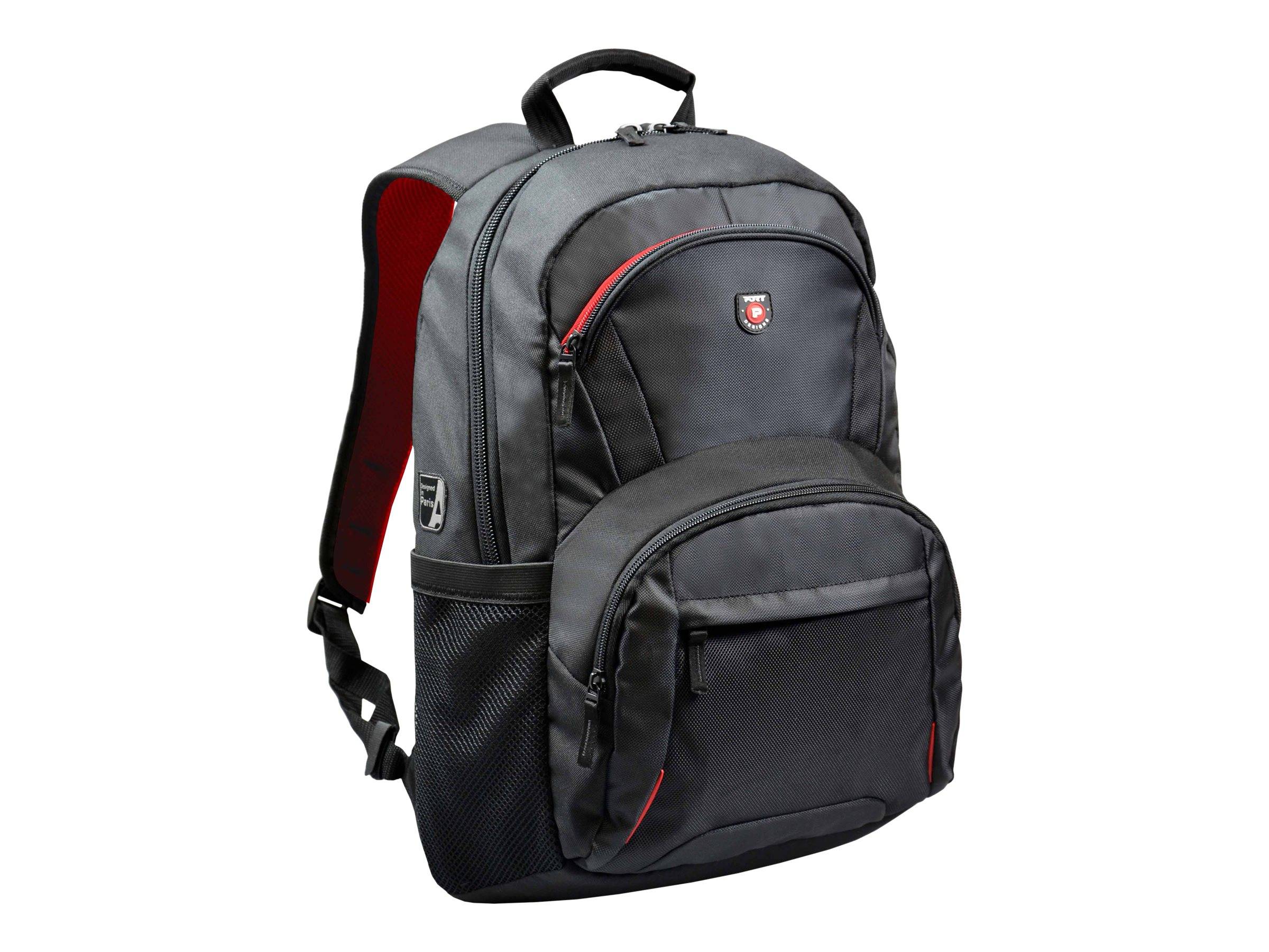 Schwarzer Rucksack mit roten Akzenten, vorderen Reißverschlusstaschen, Griffkante oben und gepolsterten Schultergurten auf weißem Hintergrund.