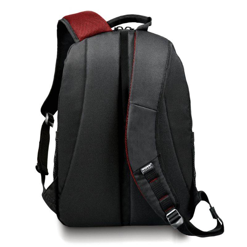 Schwarzer Rucksack mit roten Akzenten, von hinten gezeigt, mit gepolsterten Schultergurten, Tragegriff oben und seitlichem Schnallengurt.