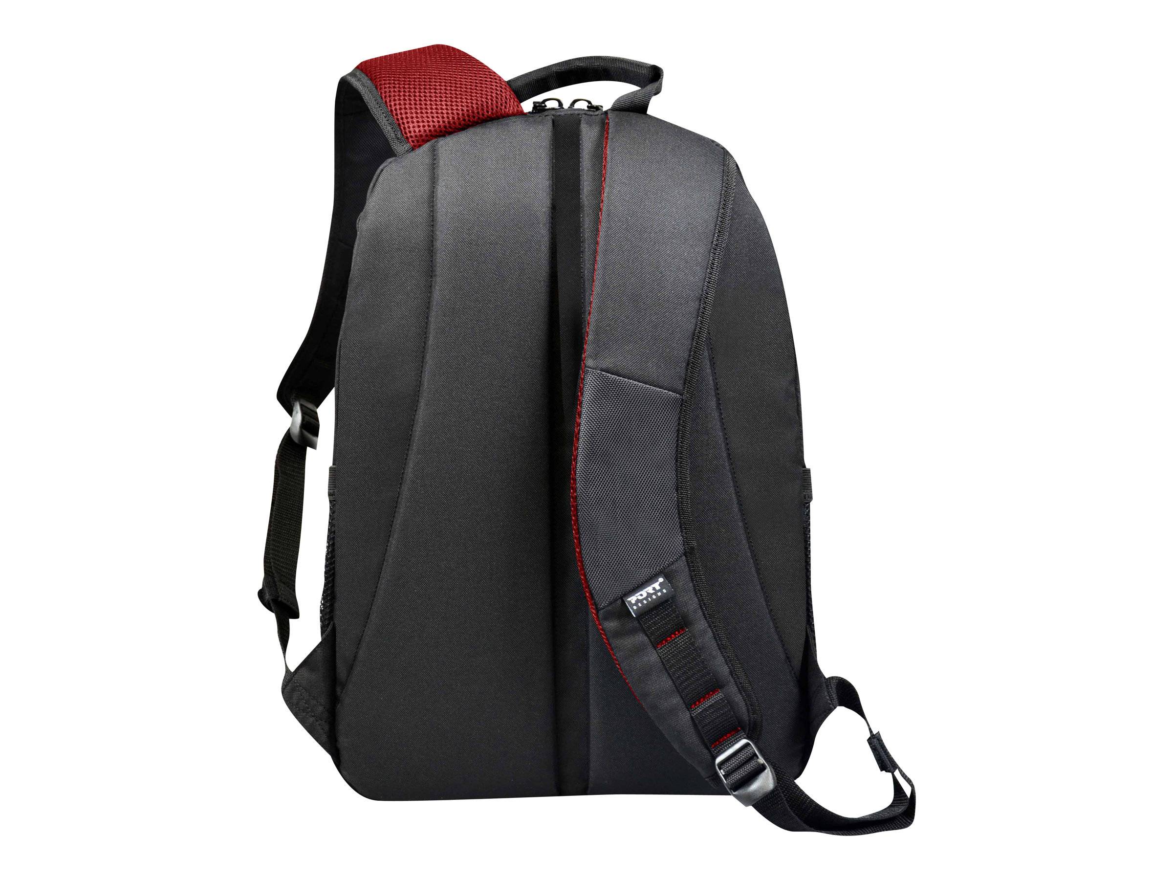 Schwarz-grauer Rucksack mit roter Verzierung, von hinten auf weißem Hintergrund gezeigt.