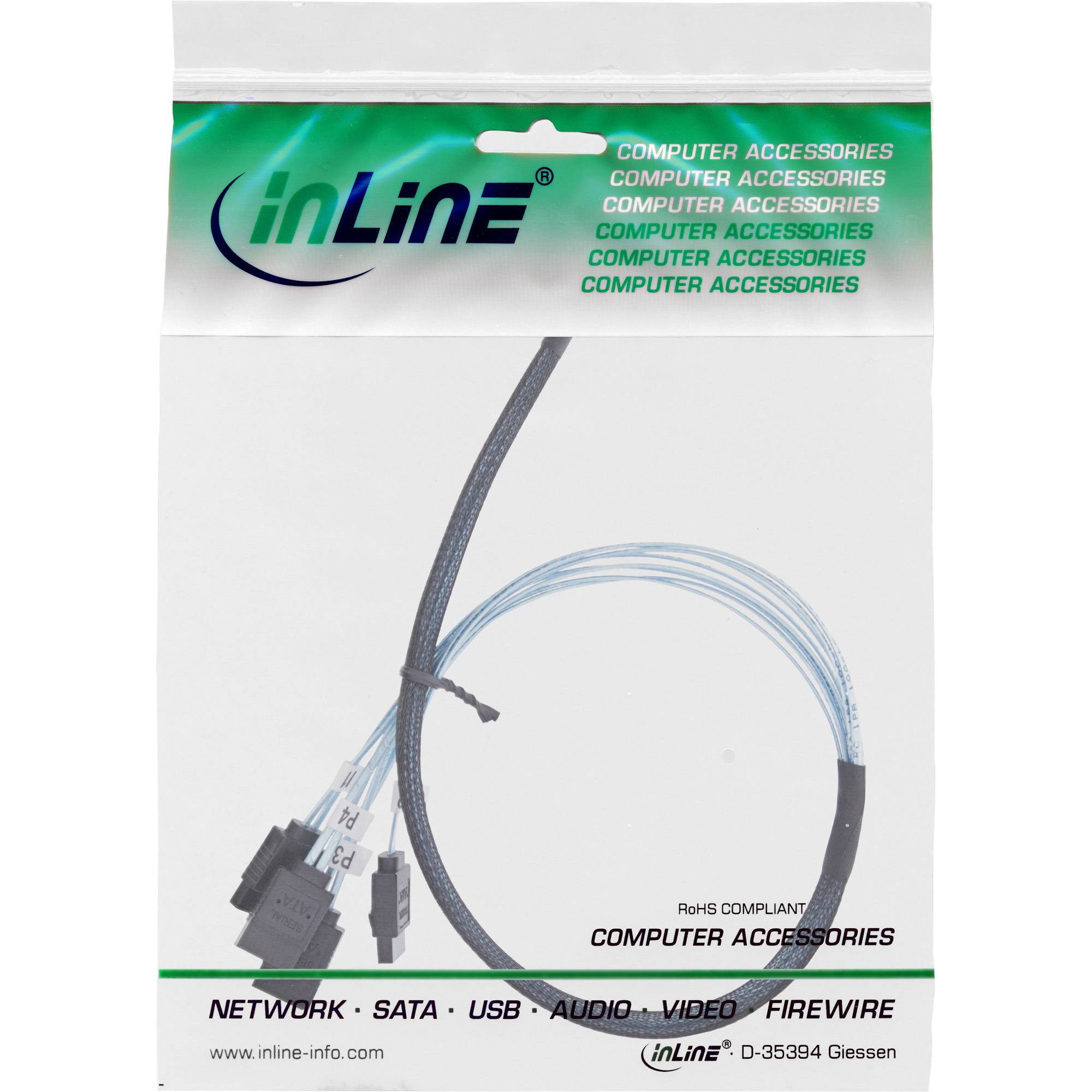 INLINE - Slim SAS Kabel - SFF-8654 4i zu 4x SATA 7-pin - 12Gb/s - 0,5m