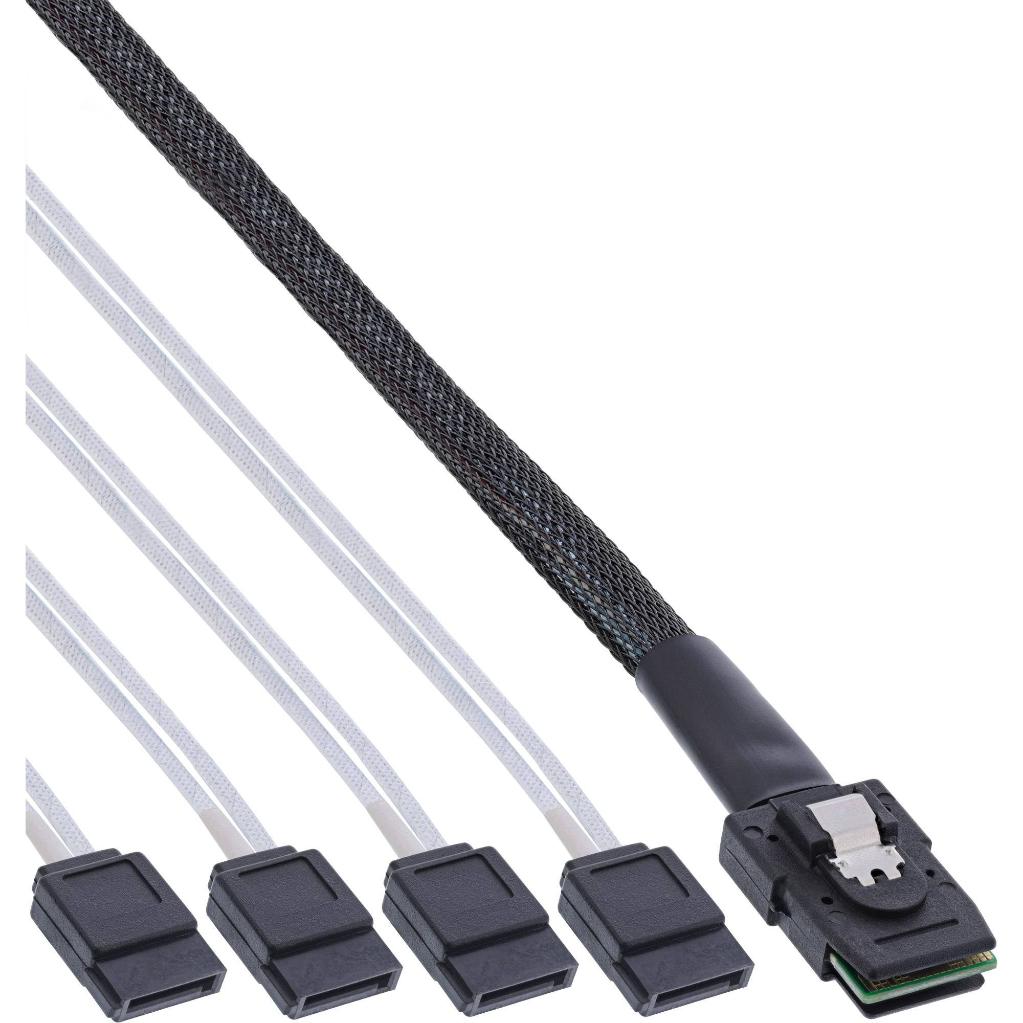 Nahaufnahme eines schwarzen geflochtenen Computerkabels mit vier SATA-ähnlichen Steckern, zeigt einen Hauptstecker und mehrere angebrachte Leitungen.