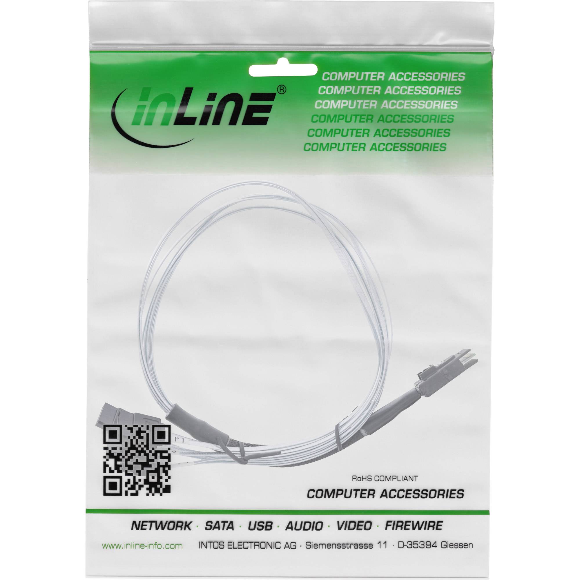 Verpackung für ein inLine-Computerzubehörkabel mit gewickeltem transparentem Kabel, QR-Code und Etiketten für Netzwerk, SATA, USB, Audio, Video und FireWire.