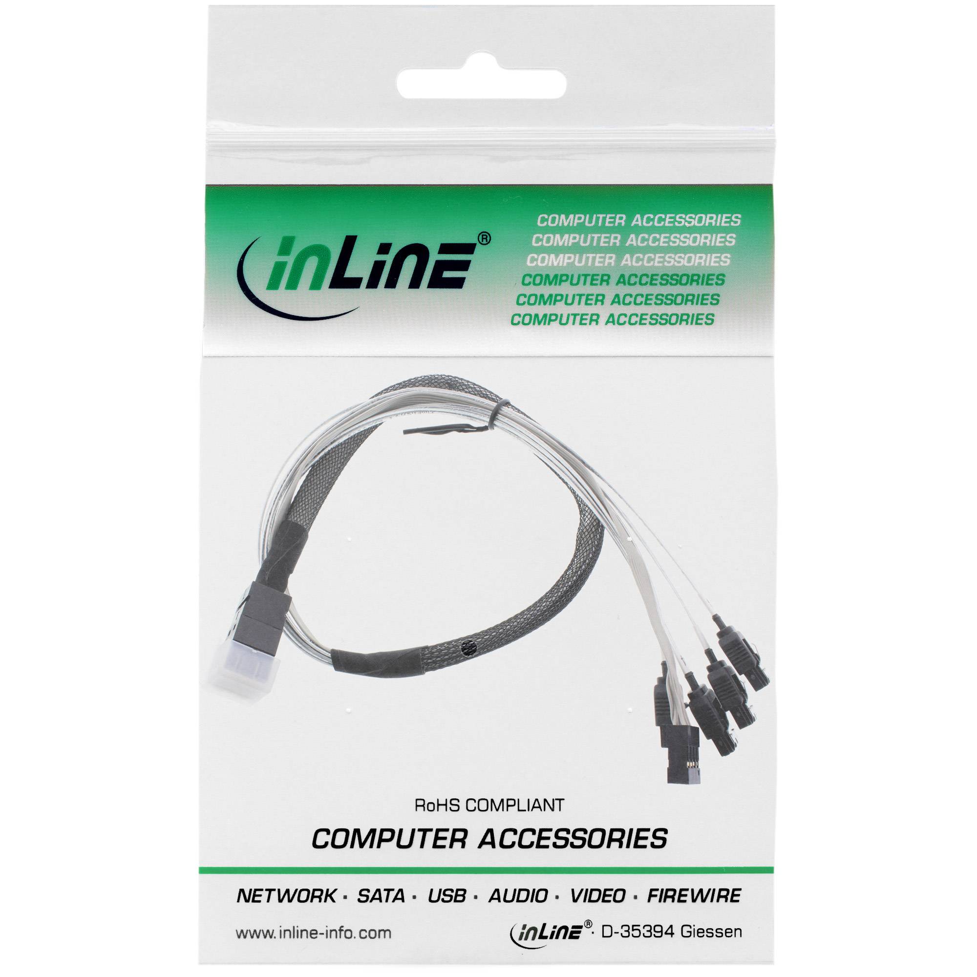 INLINE - Mini SAS HD Kabel - SFF-8643 zu 4x SATA + Sideband - 1m