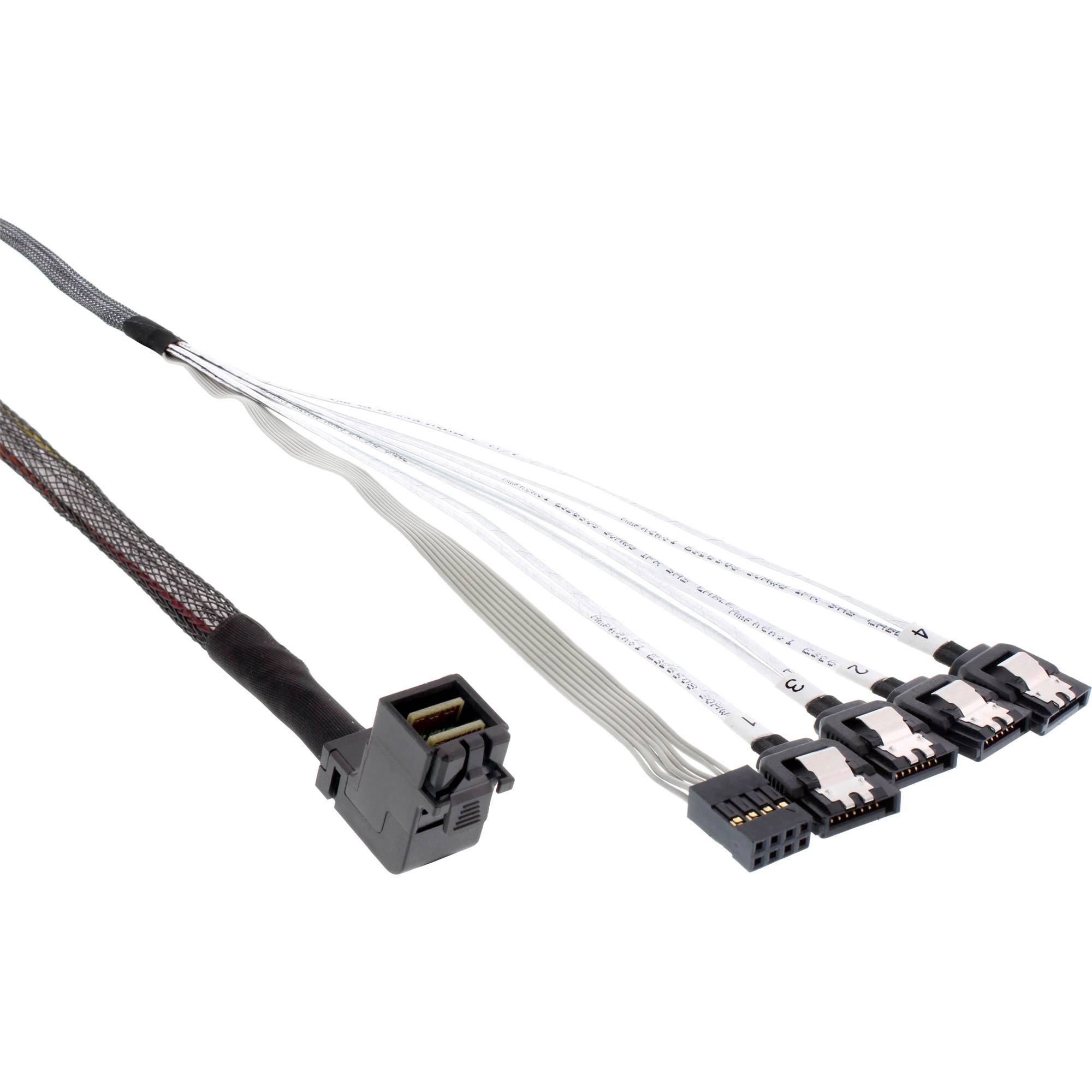 INLINE - Mini SAS HD Kabel - SFF-8643 gewinkelt zu 4x SATA + Sideband - 0,5m