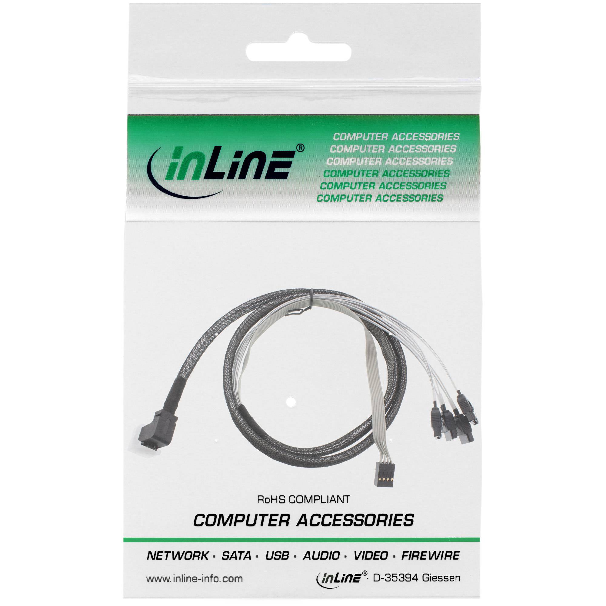 INLINE - Mini SAS HD Kabel - SFF-8643 gewinkelt zu 4x SATA + Sideband - 0,5m