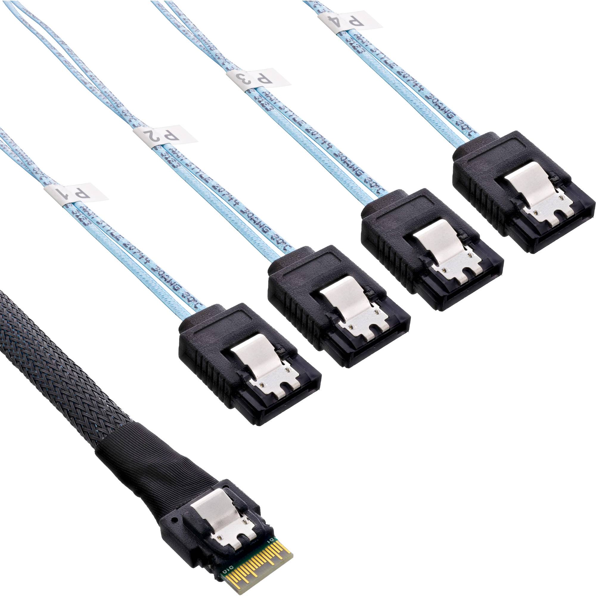Fünf blaue SATA-Datenkabel und ein schwarzes Kabel mit vergoldeten Steckerenden, gezeigt auf weißem Hintergrund.