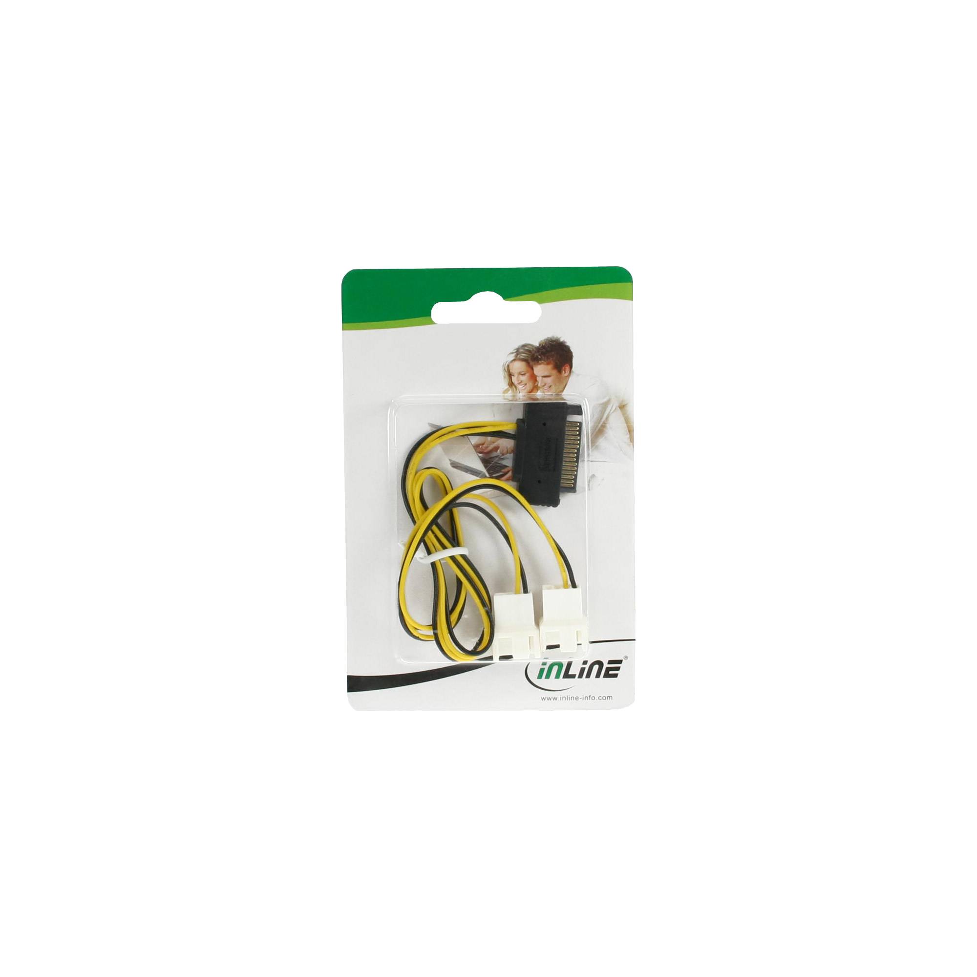 Blisterpackung von InLine-Computerstromkabeladaptern mit gelben und schwarzen Kabeln auf weißer Verpackung.