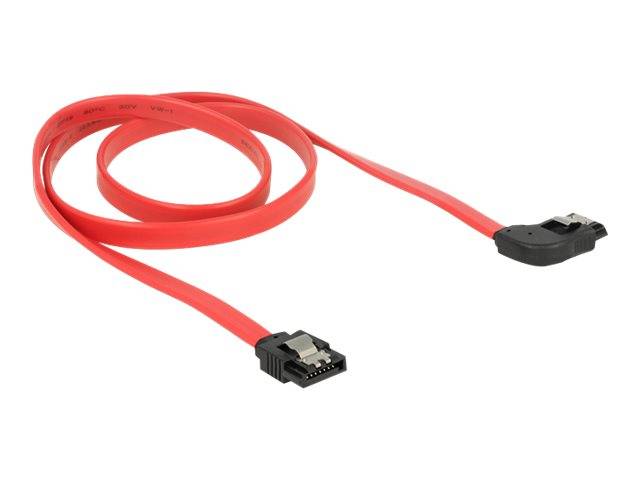 Rotes SATA-Datenkabel mit zwei schwarzen Anschlüssen, das auf weißem Hintergrund aufgerollt dargestellt ist.