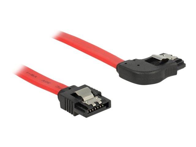 Rotes SATA-Datenkabel mit zwei schwarzen Anschlüssen auf weißem Hintergrund.