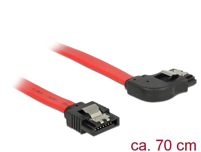 Rotes SATA-Datenkabel mit zwei schwarzen Anschlüssen, gekennzeichnet mit „ca. 70 cm