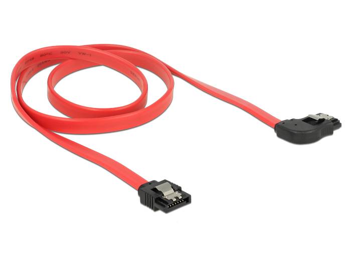 Rotes SATA-Datenkabel mit zwei schwarzen Steckern auf weißem Hintergrund.
