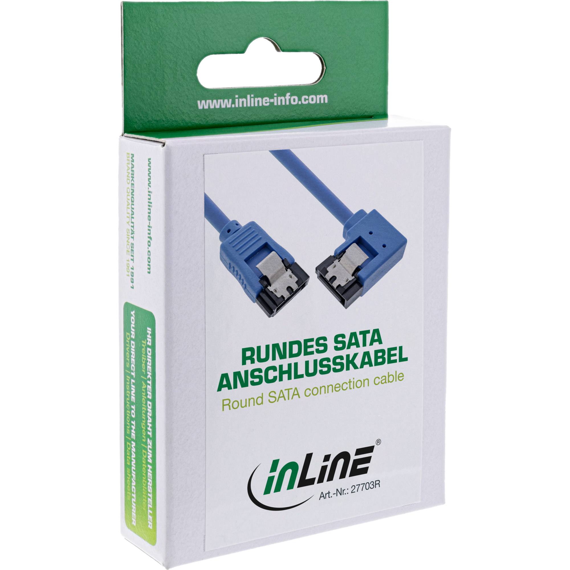 Paket eines InLine-Rundsatakabels mit zwei blauen SATA-Anschlüssen und der Aufschrift „RUNDES SATA ANSCHLUSSKABEL