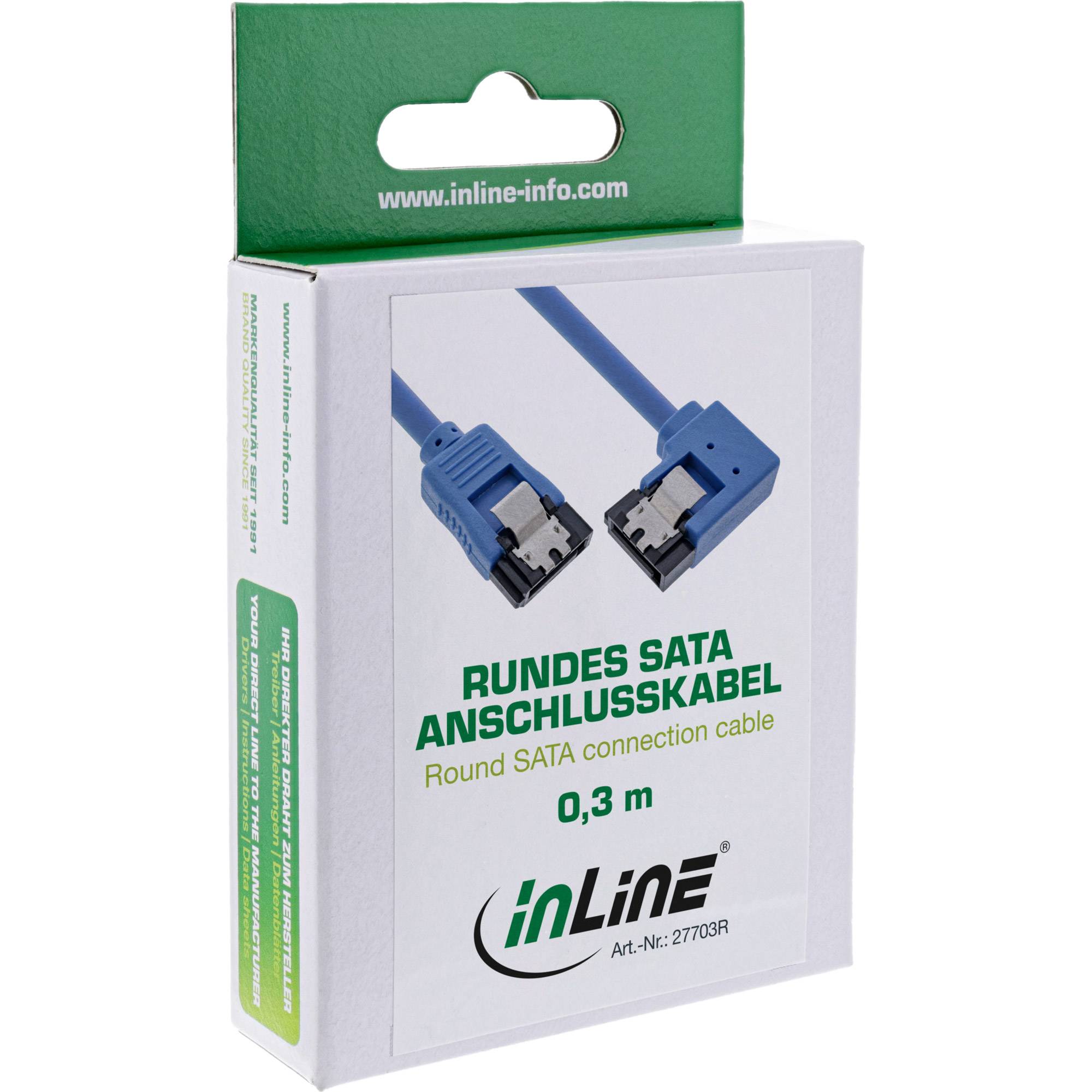 INLINE - SATA 6Gb/s Anschlusskabel rund - abgew. rechts - blau - mit Lasche - 0,3m