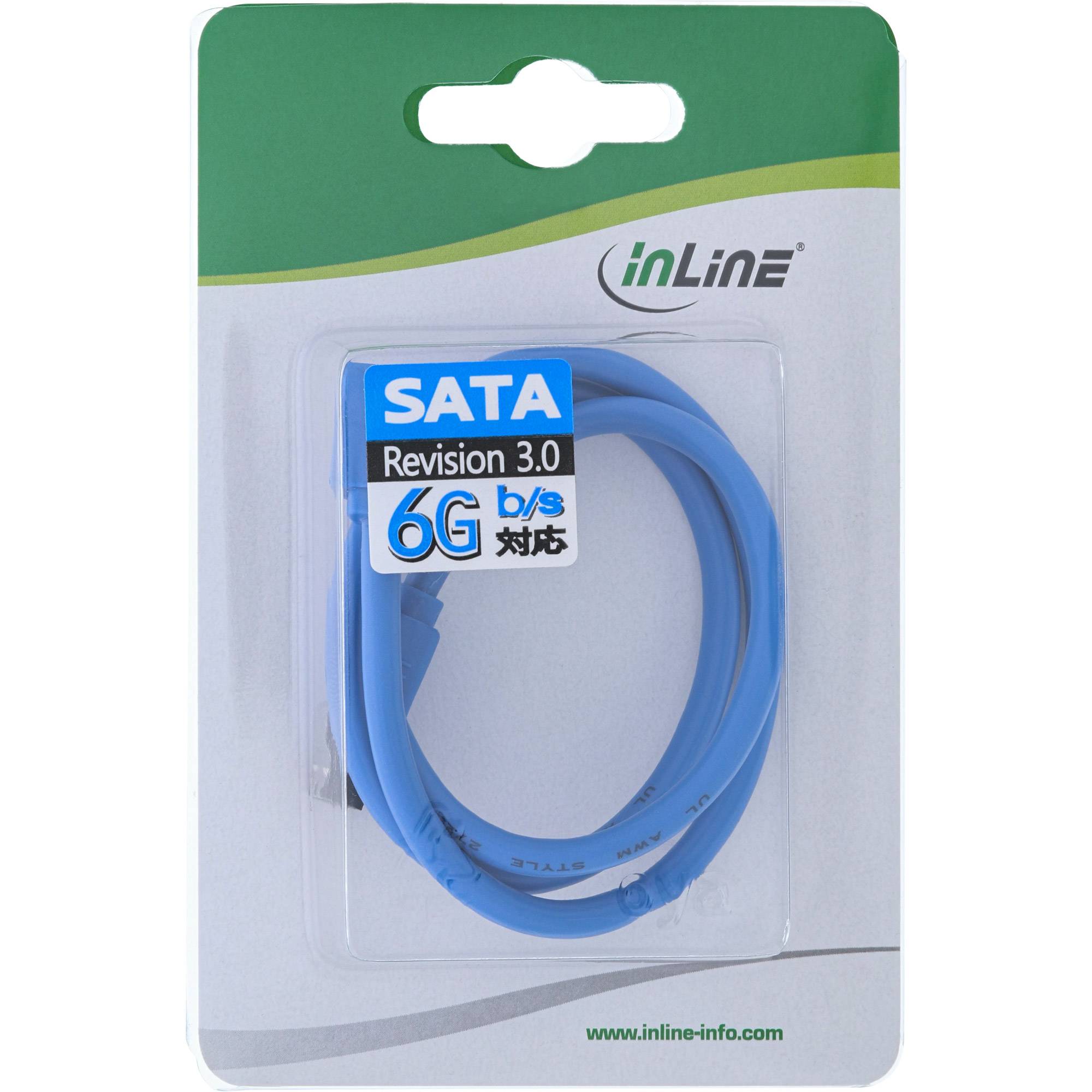 INLINE - SATA 6Gb/s Anschlusskabel rund - abgew. rechts - blau - mit Lasche - 0,5m