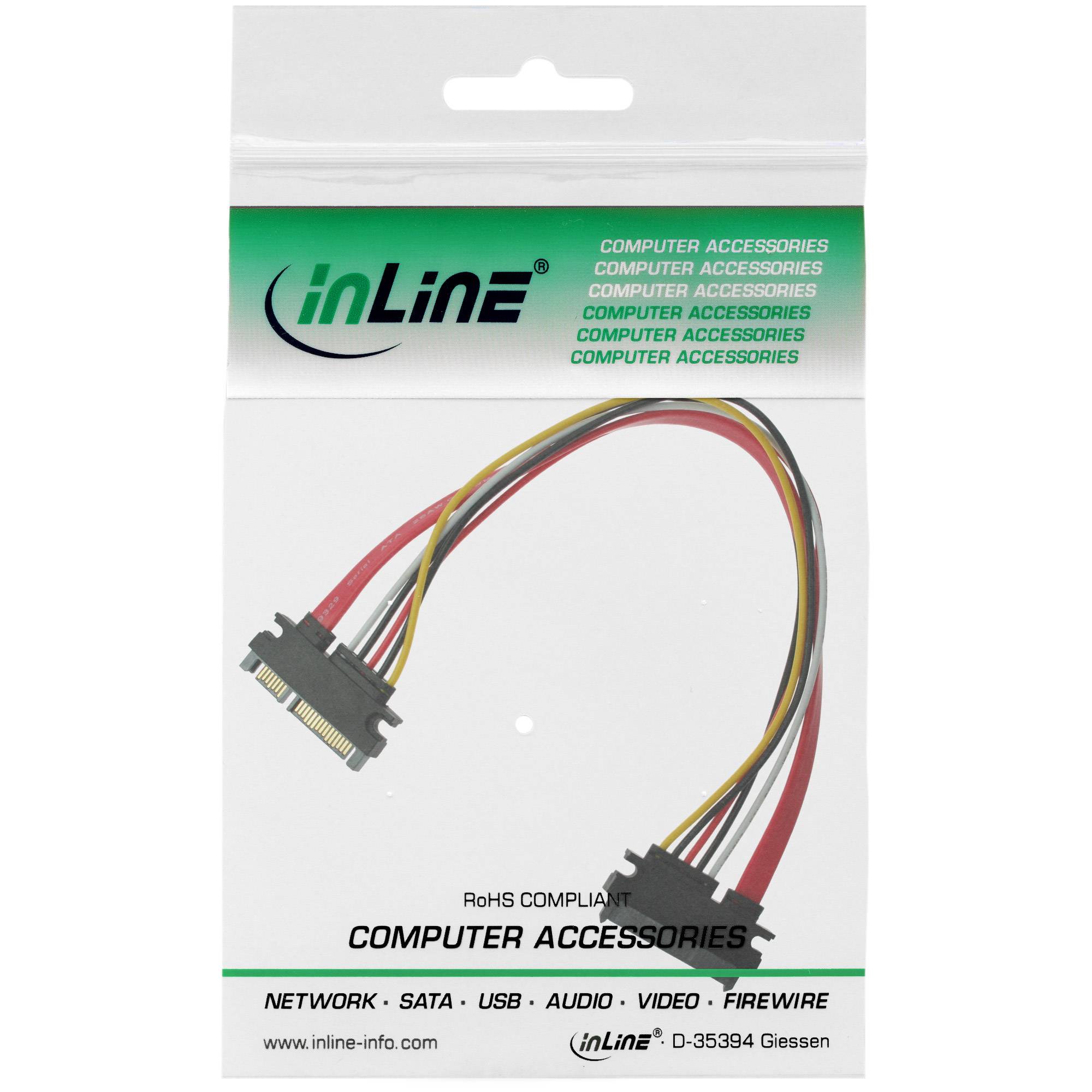 Verpackung für ein InLine-Computerzubehörkabel mit zwei Anschlüssen und mehrfarbigen Drähten, gekennzeichnet für Netzwerk, SATA, USB, Audio, Video und FireWire.