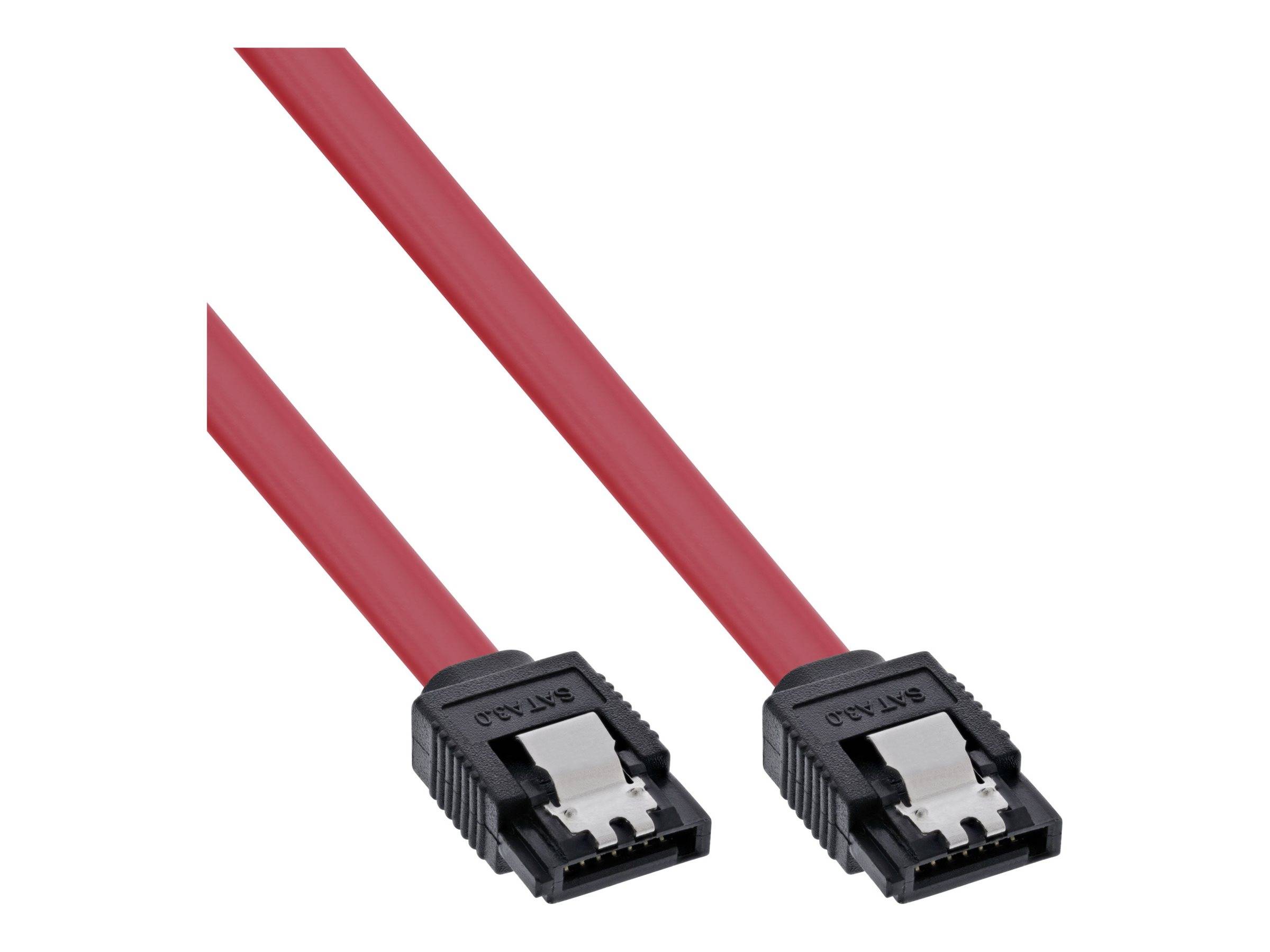 Zwei rote SATA-Datenkabel mit schwarzen Steckern auf weißem Hintergrund.