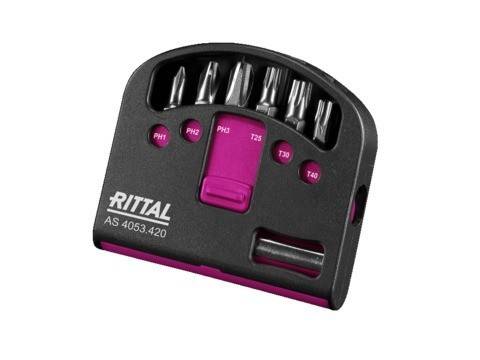 Ein kompaktes Rittal-Schraubendreher-Bitsatz, der verschiedene Phillips- und Torx-Bits umfasst, gekennzeichnet von PH1 bis PH3 und T25 bis T40, mit einem pinken Halter.