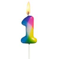 Eine regenbogenfarbig gestreifte Geburtstagskerze mit der Nummer 1 ist auf weißem Hintergrund angezündet.