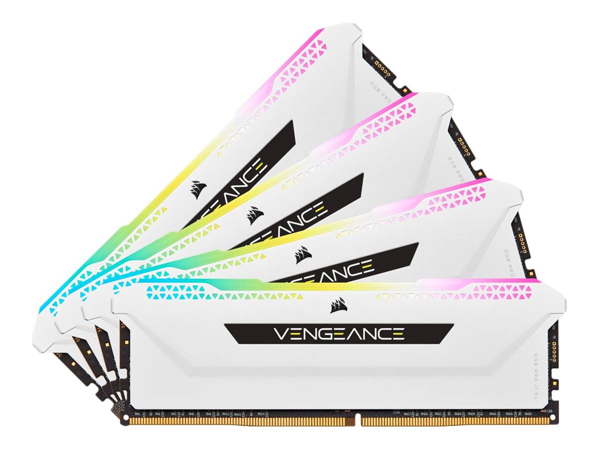 Vier weiße Corsair Vengeance RAM-Module fächerartig angeordnet, mit RGB-ähnlichen Pastellakzenten und schwarzem 