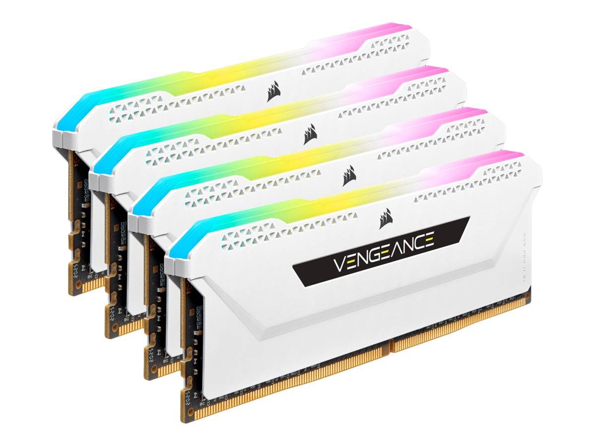 Vier Corsair Vengeance RAM-Module übereinander gestapelt, weiße Wärmeableiter mit RGB-Leuchtstreifen und sichtbare goldene Steckkontakte.