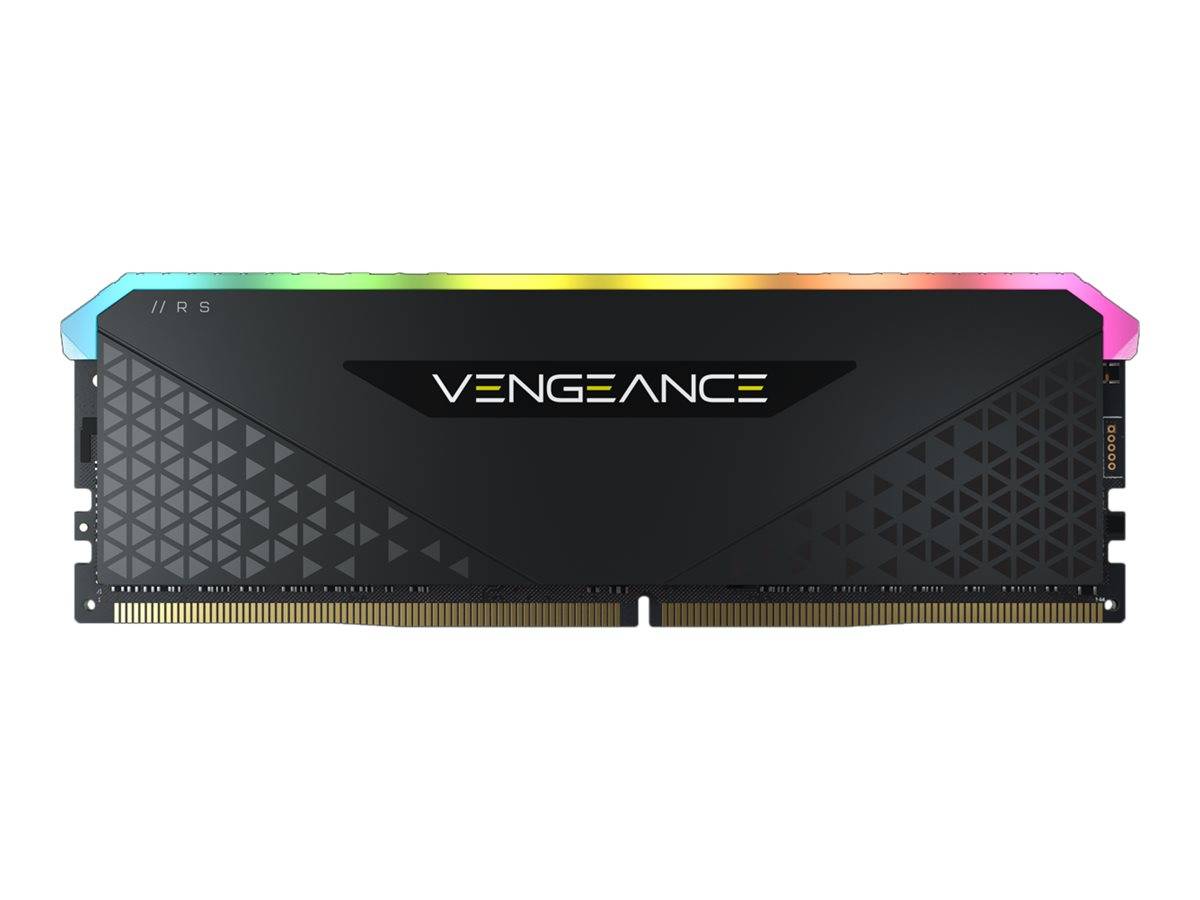 Corsair Vengeance RGB Desktop-RAM-Modul mit schwarzem Wärmeverteiler und regenbogenfarbiger Lichtleiste oben.