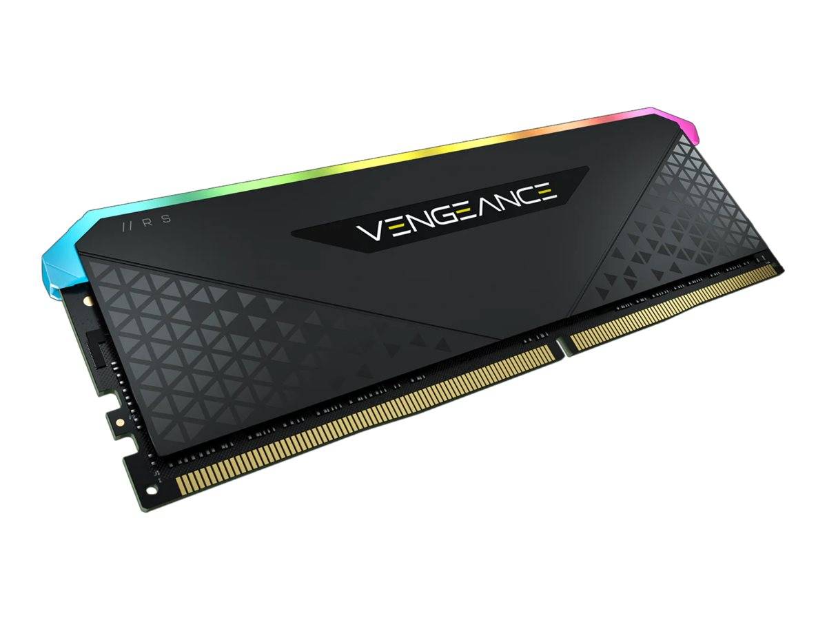 Ein Corsair Vengeance RGB Computer-RAM-Speichermodul mit schwarzem Kühlkörper und mehrfarbigem Leuchtstreifen oben.