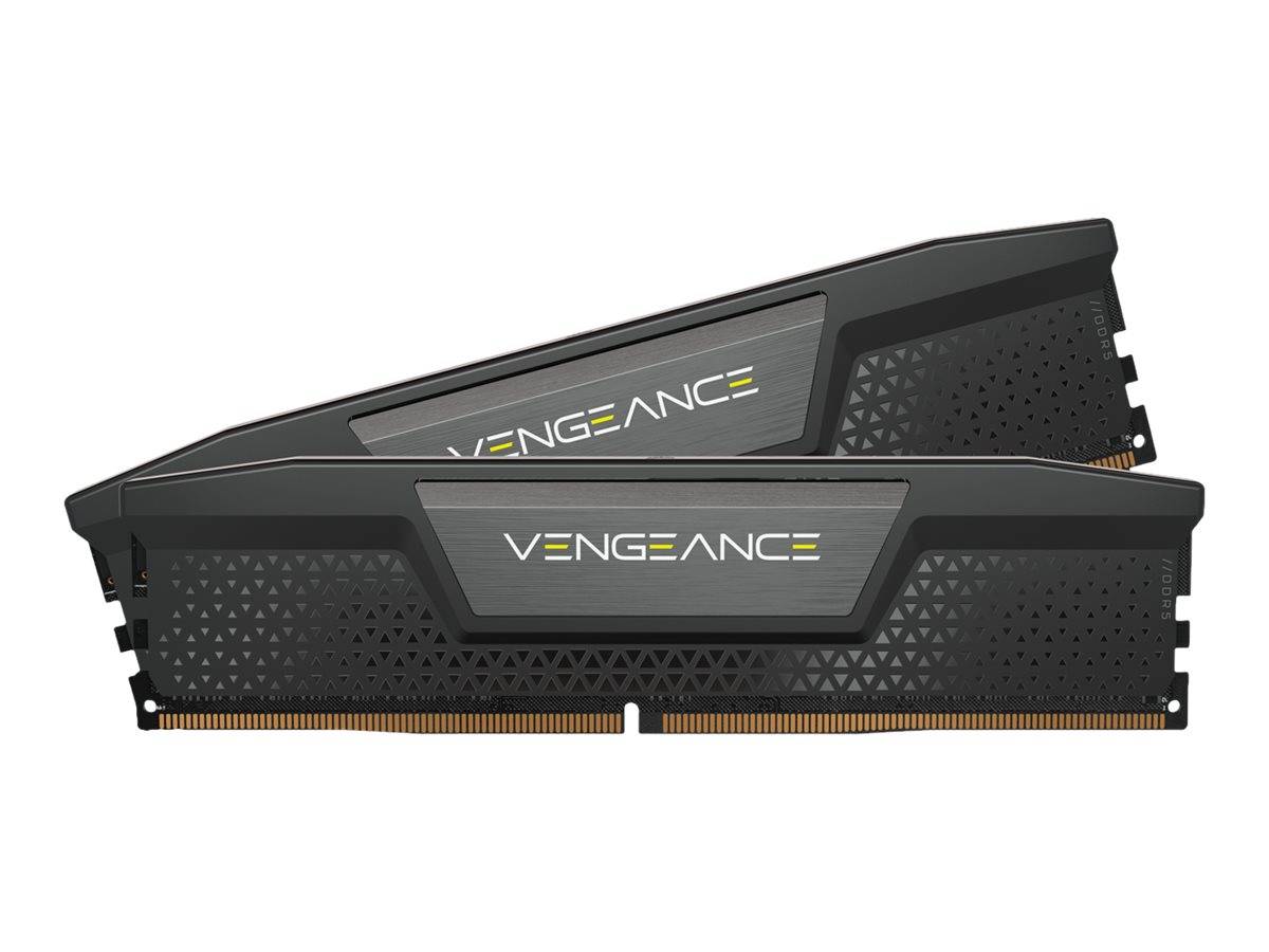 Zwei Corsair Vengeance RAM-Speichermodule übereinander auf weißem Hintergrund.