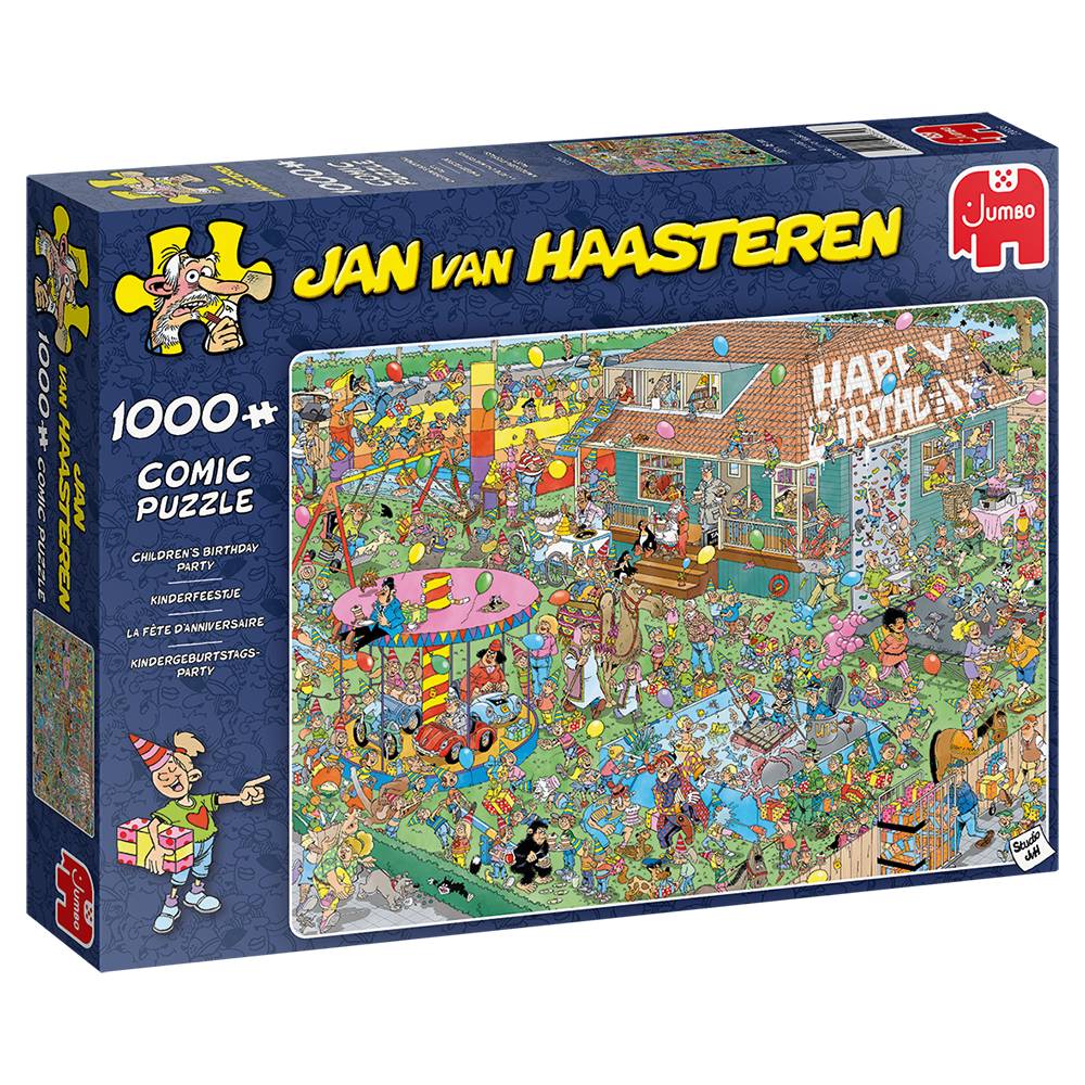 Karton eines 'Jan van Haasteren' Puzzles mit 1000+ Teilen, das eine überfüllte, chaotische Geburtstagsparty-Szene zeigt