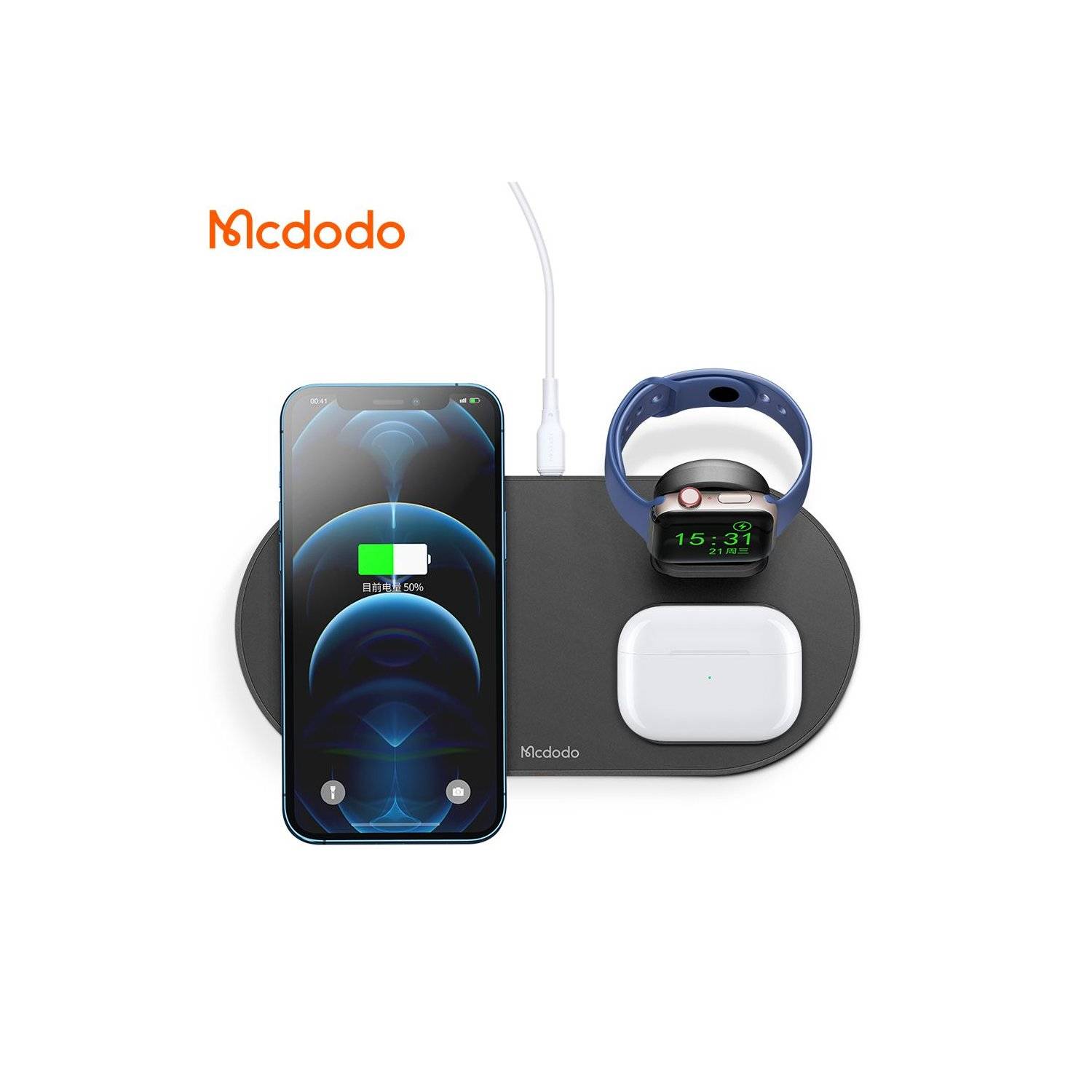 Mcdodo 3in1 Magnetisch Wireless Charger Ladestation kompatibel mit Smartphone, Watch, TWS-Kopfhörer, schwarz