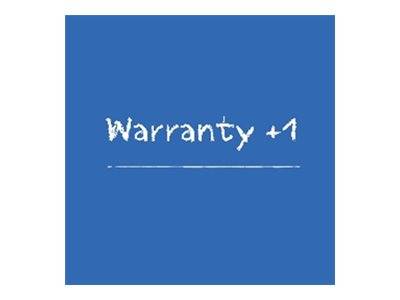 Blaues quadratisches Etikett mit weißem Text „Warranty +1