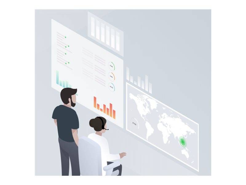 Zwei Personen überprüfen digitale Analyse-Dashboards mit Diagrammen, Statusindikatoren und einer Weltkarte, was auf die Überwachung von Geschäftsdaten hindeutet.