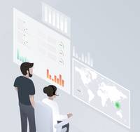 Zwei Personen analysieren schwebende Dashboard-Bildschirme mit Diagrammen, Messgeräten und einer Weltkarte, was auf Datenüberwachung oder Business-Analytik hindeutet.