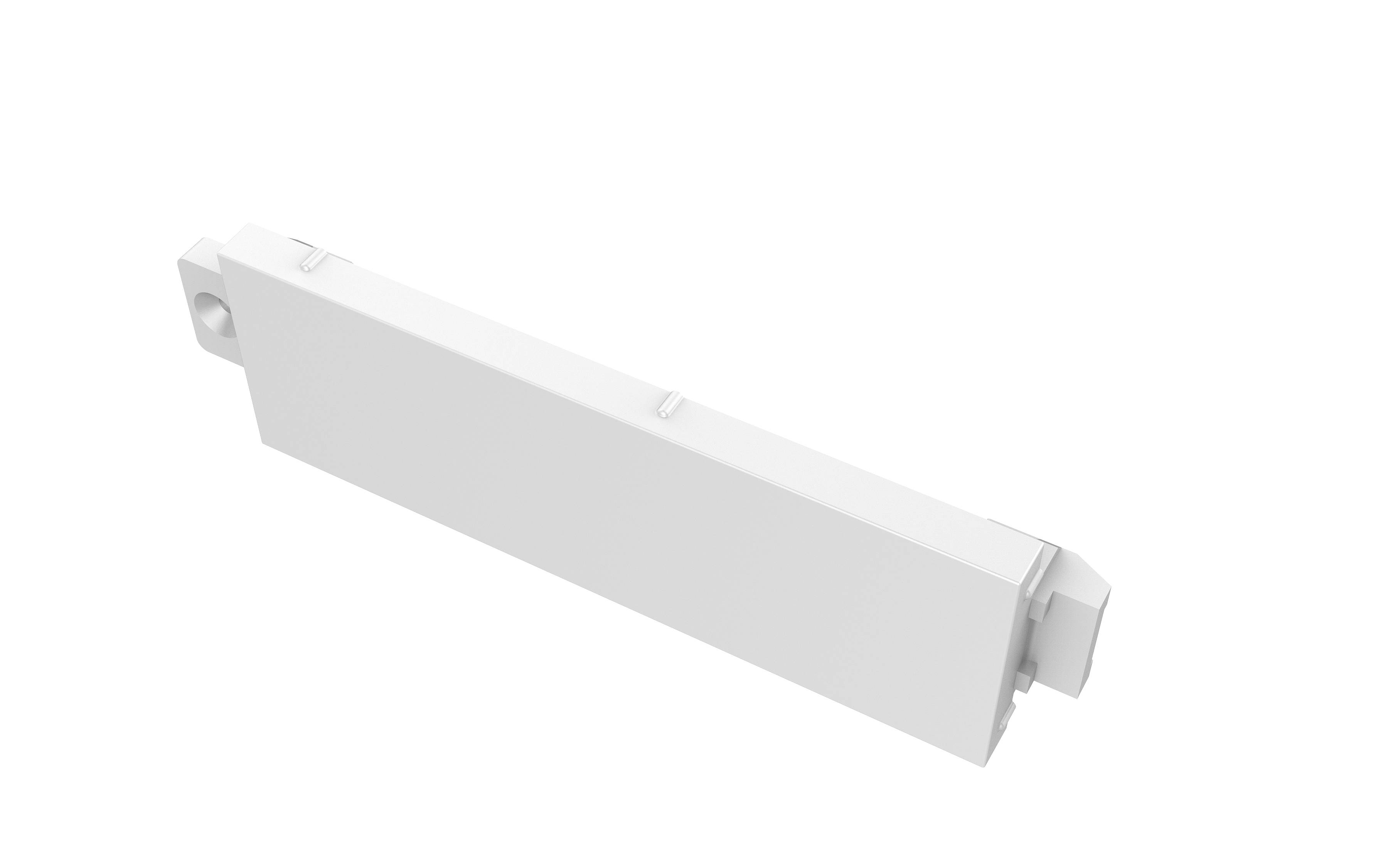 Weiße rechteckige LED-Leuchte oder linearer Leuchtenstab in einer angewinkelten Produktansicht auf schlicht strukturiertem Hintergrund.