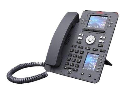 Schwarzes Bürotelefon mit Hörer, Tastatur und zwei kleinen Bildschirmen auf weißem Hintergrund