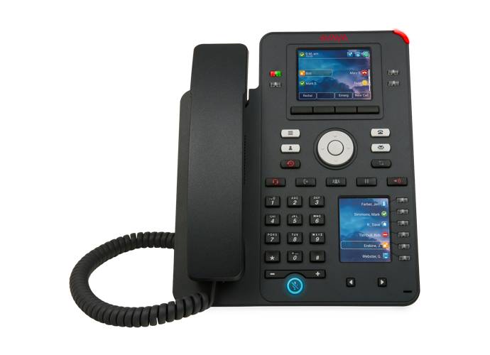 Schwarzes Bürotischtelefon mit Hörer, Tastenfeld, zwei Anzeigebildschirmen und Kabel auf weißem Hintergrund