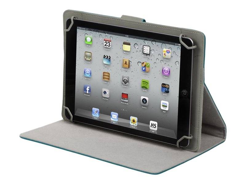 Tablet in einem grauen Folioetui, das auf einem flachen Ständer steht und einen Startbildschirm mit App-Symbolen anzeigt.