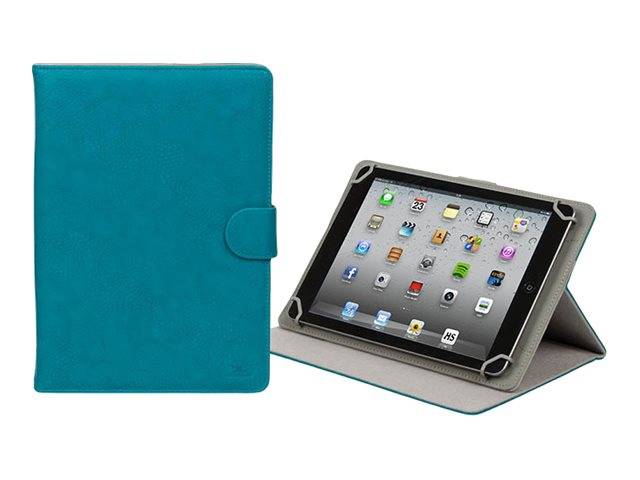 Schutzhülle für Tablet in Blaugrün, geschlossen neben einer offenen Standhülle dargestellt, die ein Tablet aufrecht hält.