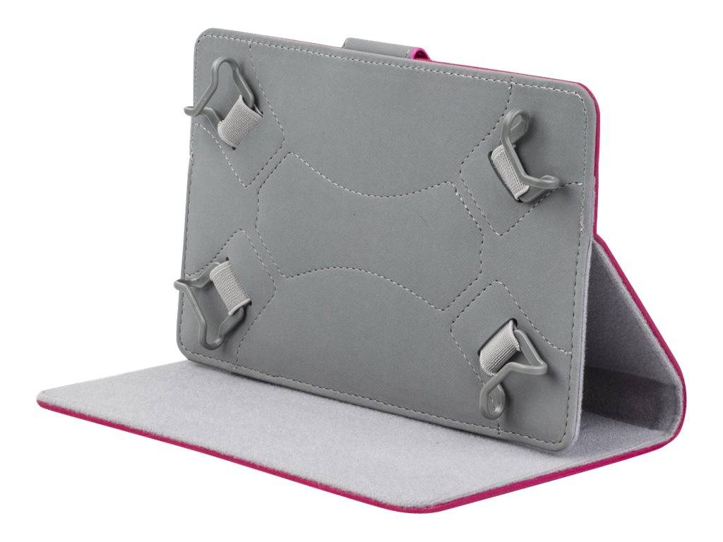 Grauer Tablet-Case mit Klappcover und vier Eckclips, offen wie ein Ständer auf weißem Hintergrund.