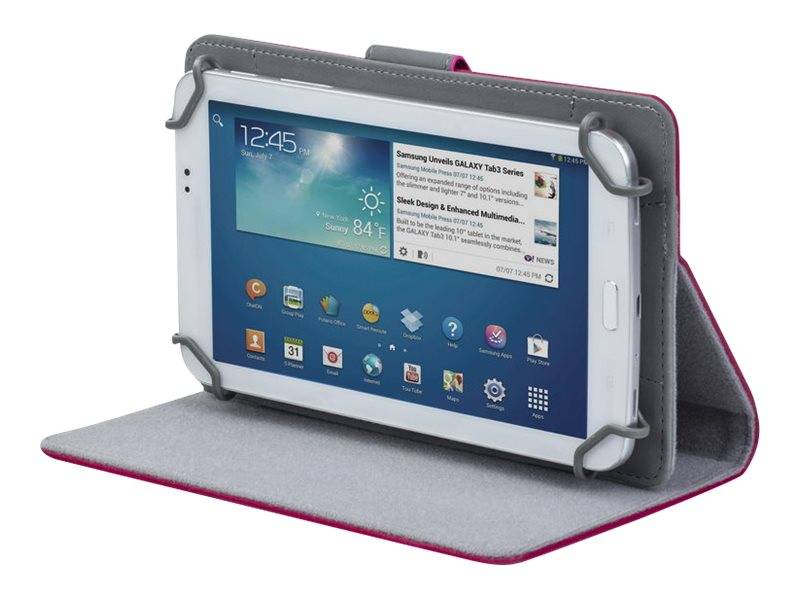 Weißes Tablet in einem grauen Folio-Ständer-Etui, im Querformat mit aktiviertem Bildschirm und sichtbaren App-Symbolen.