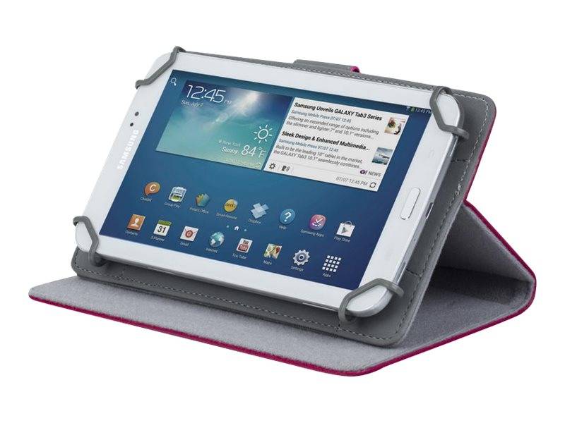 Tablet in einem grauen Folio-Etui, aufgeklappt im Querformat, zeigt den Startbildschirm mit App-Symbolen und Widgets.