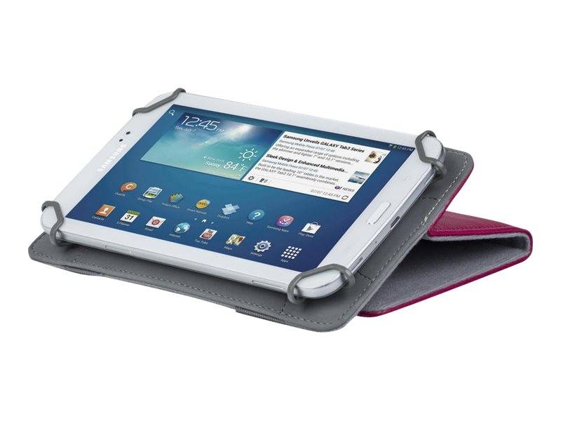 Tablet in einem grauen Folio-Etui mit Eckenriemen, das einen Homescreen auf weißem Hintergrund anzeigt.