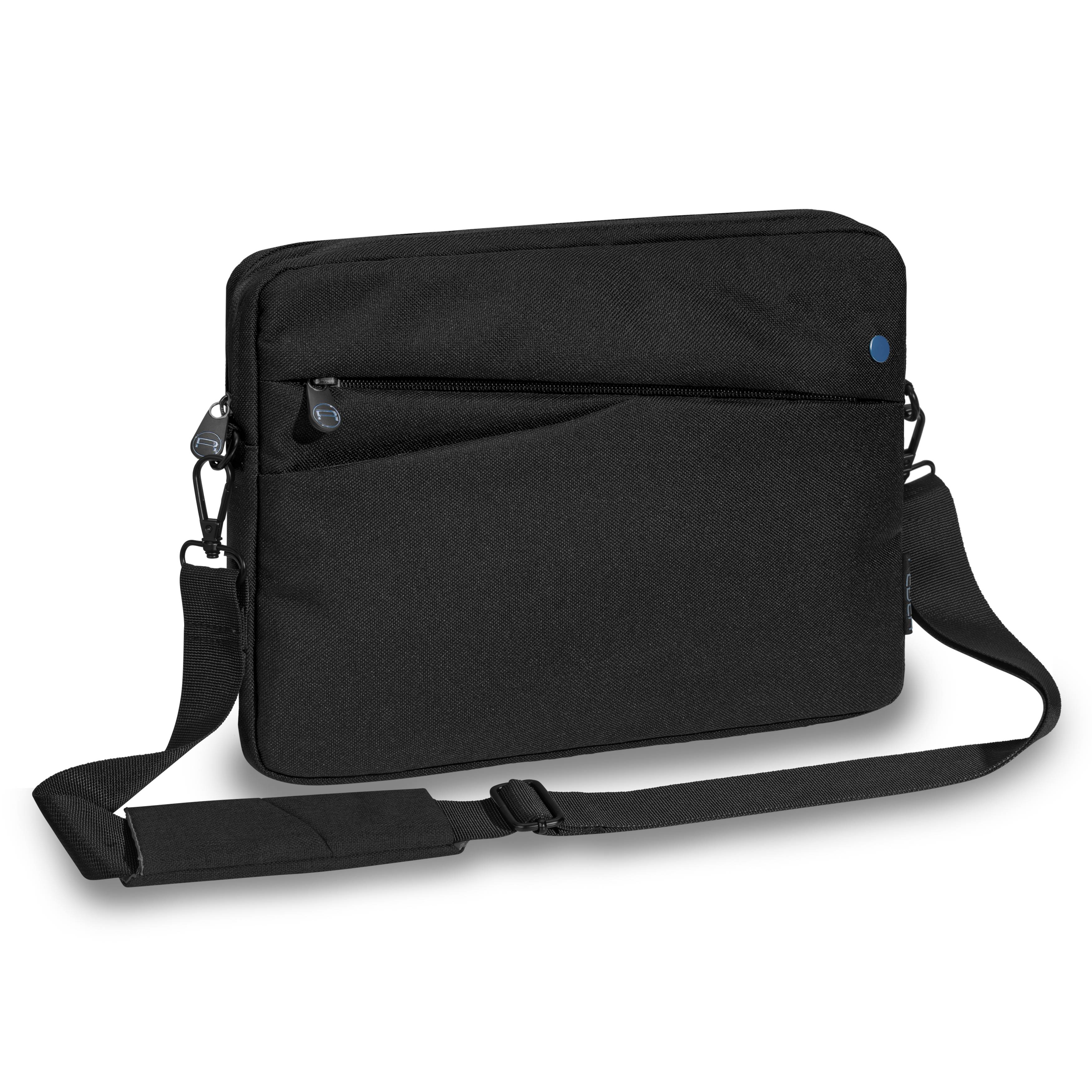 Schwarze Laptop-Umhängetasche mit vorderer Reißverschlusstasche und verstellbarem Riemen auf weißem Hintergrund.