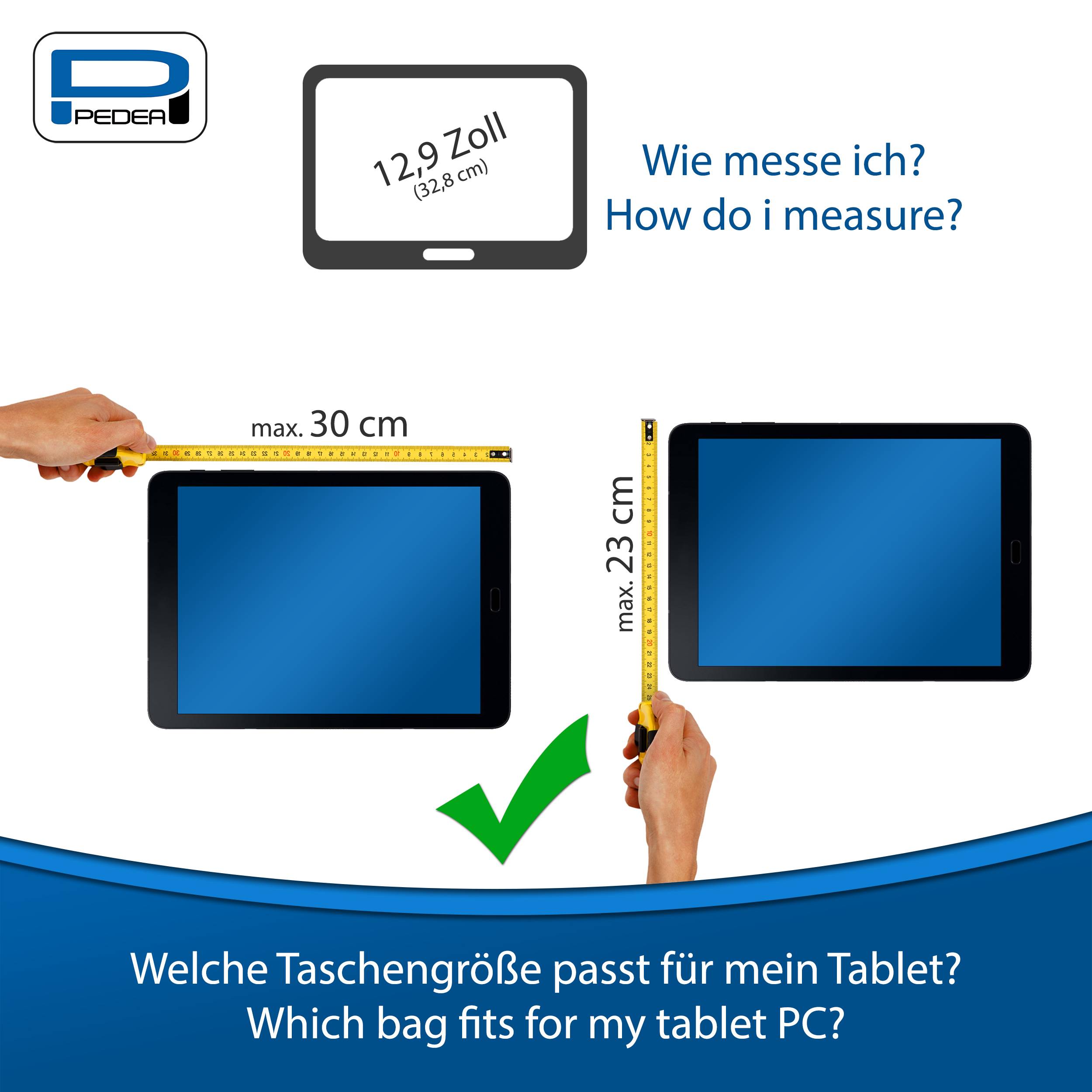 Anleitung zur Größenbestimmung von Tablet-Taschen mit Anweisungen zum Messen eines Tablets diagonal in Zoll oder Zentimetern; Hinweise auf max. 30 cm Breite und max. 23 cm Höhe.