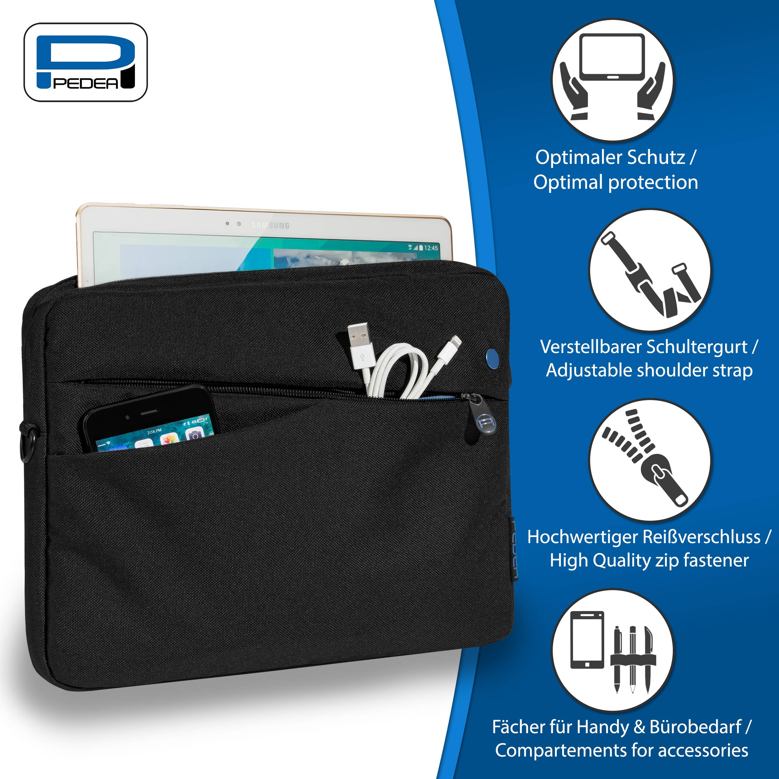 Schwarze Laptop-/Tablet-Schutzhülle mit Vordertasche und Schultergurt, gezeigt mit Gerät und Zubehör; Seitensymbole heben optimalen Schutz und verstellbaren Gurt hervor.