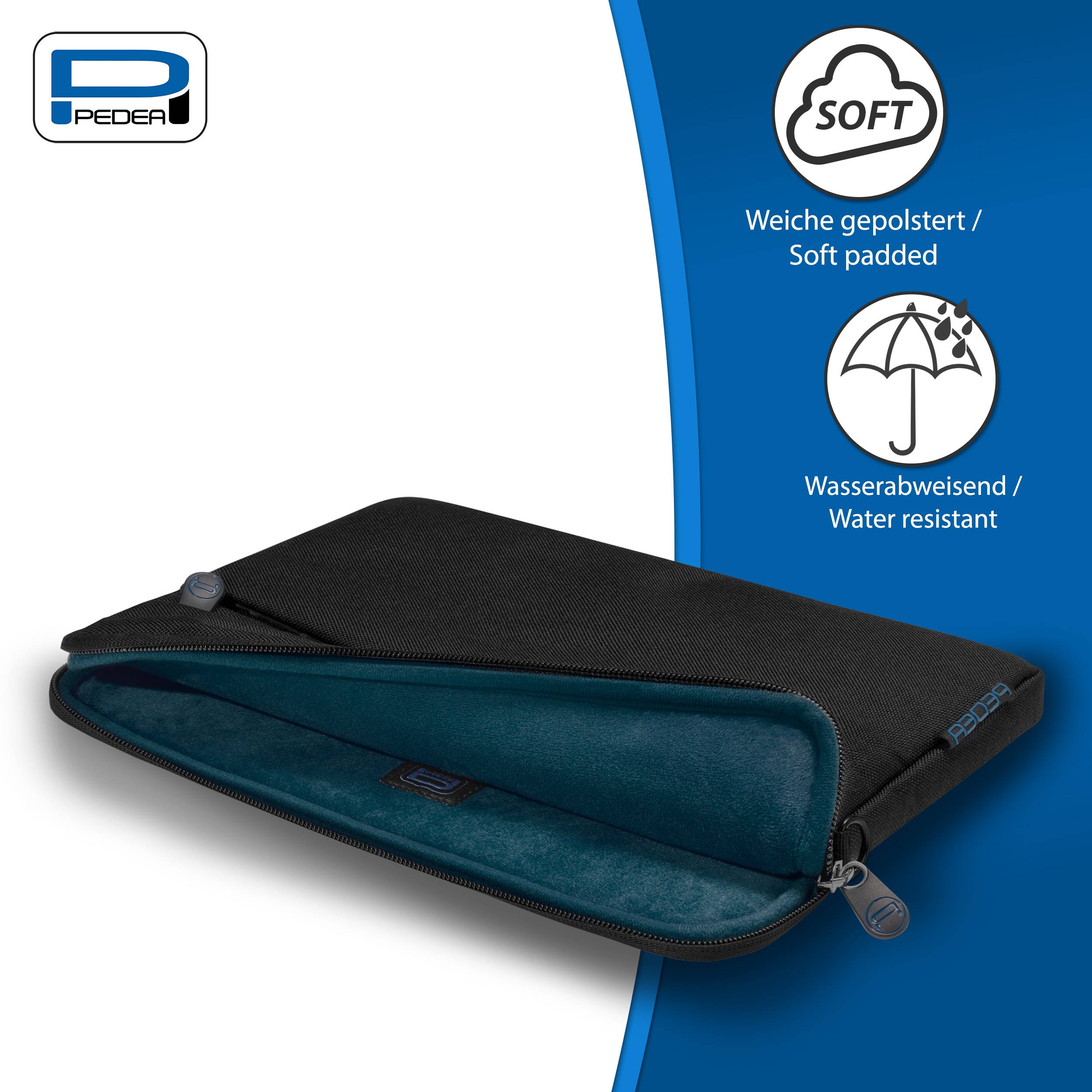 Schwarze PEDEA Laptop-Tasche mit Reißverschluss, teilweise geöffnet dargestellt; gekennzeichnet als weich gepolstert und wasserbeständig.