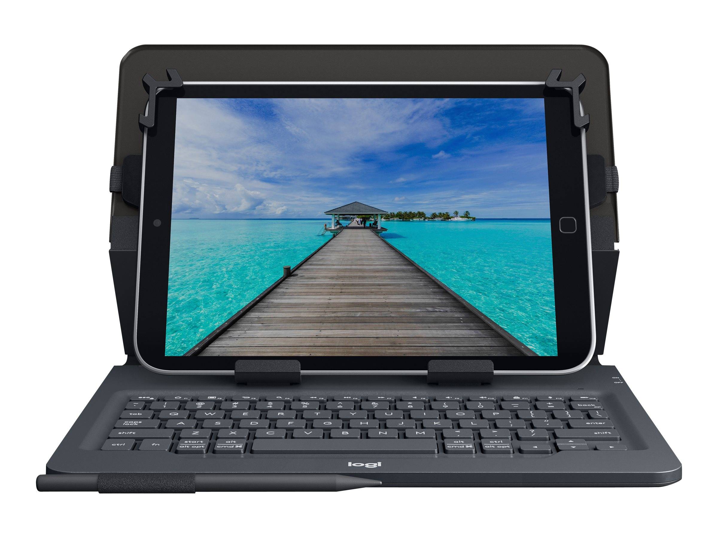 Tablet in einem Schutz-Tastaturgehäuse zeigt ein Foto eines Holzstegs, der zu einer kleinen Überwasserhütte in türkisblauem Wasser unter blauem Himmel führt.