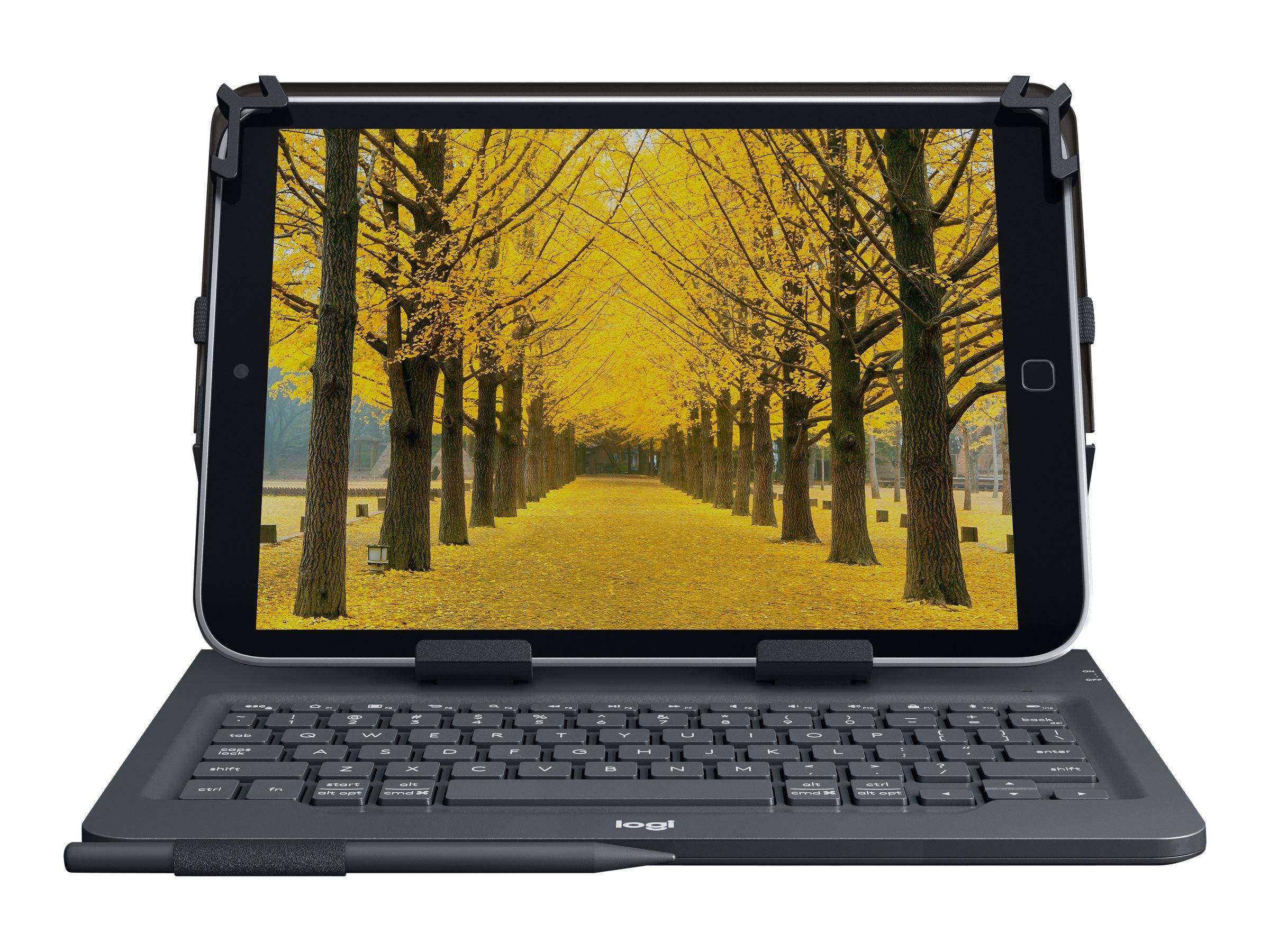 Tablet in einer Tastaturhülle mit einer von Bäumen gesäumten Pfad mit leuchtend gelben Herbstblättern auf dem Display