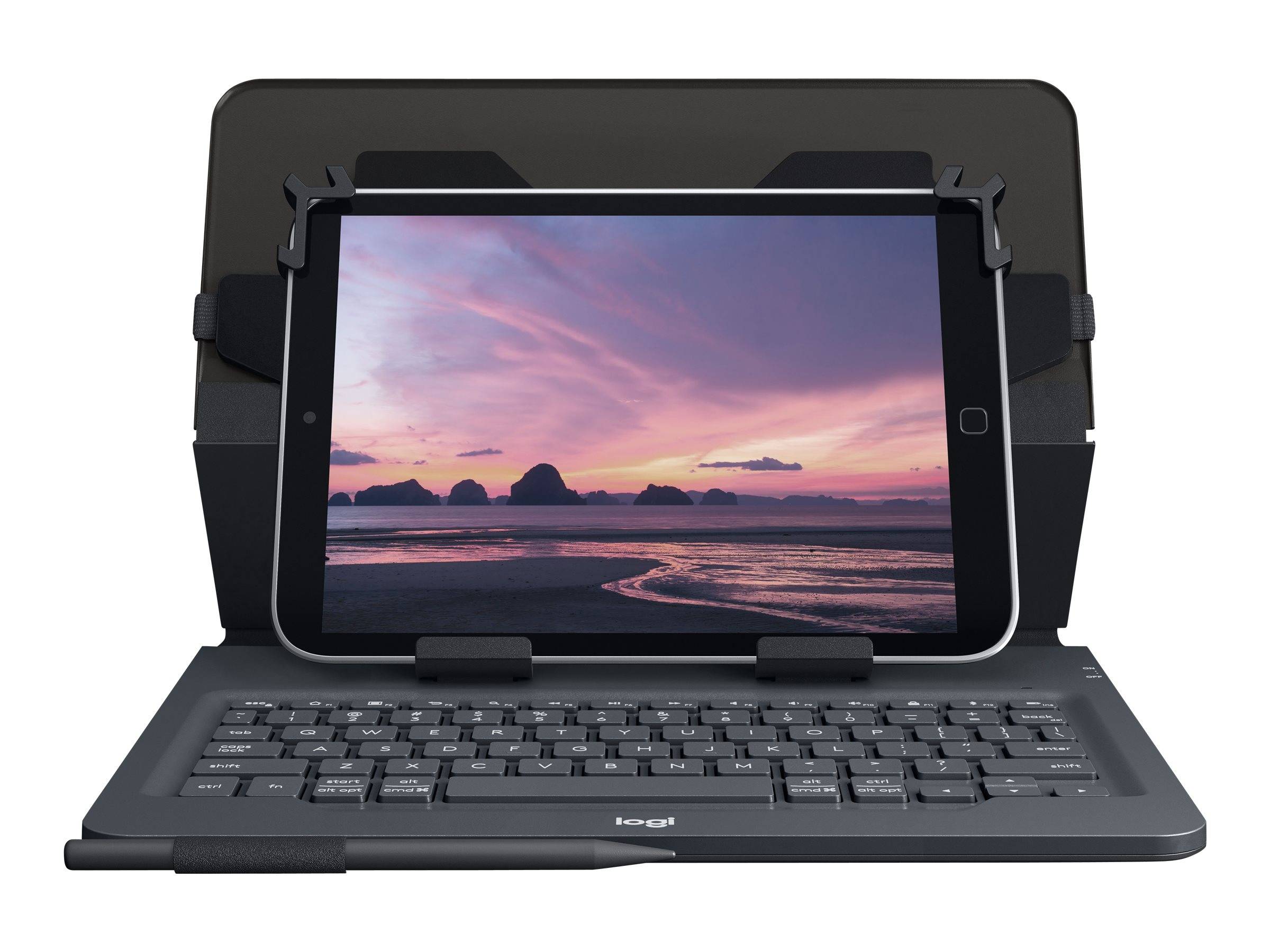 Tablet in einer Tastaturhülle angedockt, zeigt eine Sonnenuntergangsstrandszene mit rosa Wolken und Inseln an.