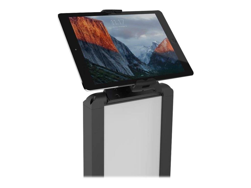 Tablet auf einem verstellbaren Ständer montiert, in Querformat gegen einen einfachen Hintergrund dargestellt.