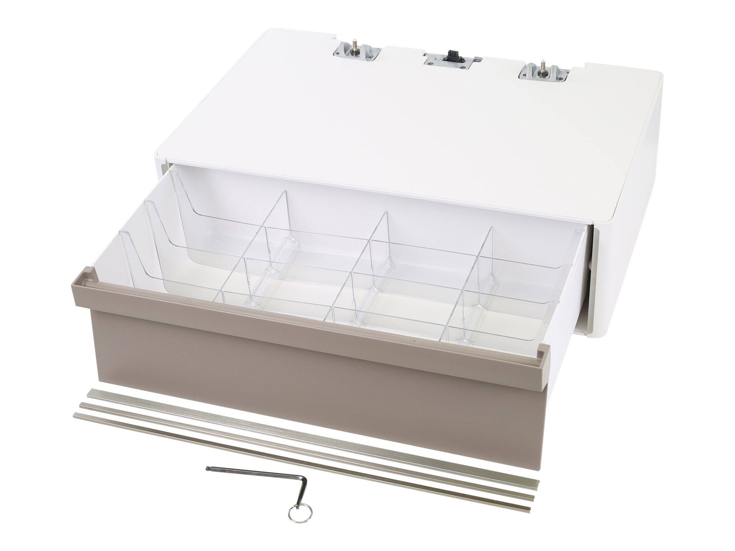 Weiß gestrichener, an der Wand montierter Schrank mit transparenten geteilten Lagerkästen, geöffnet dargestellt mit Installationszubehör und einem Inbusschlüssel darunter.